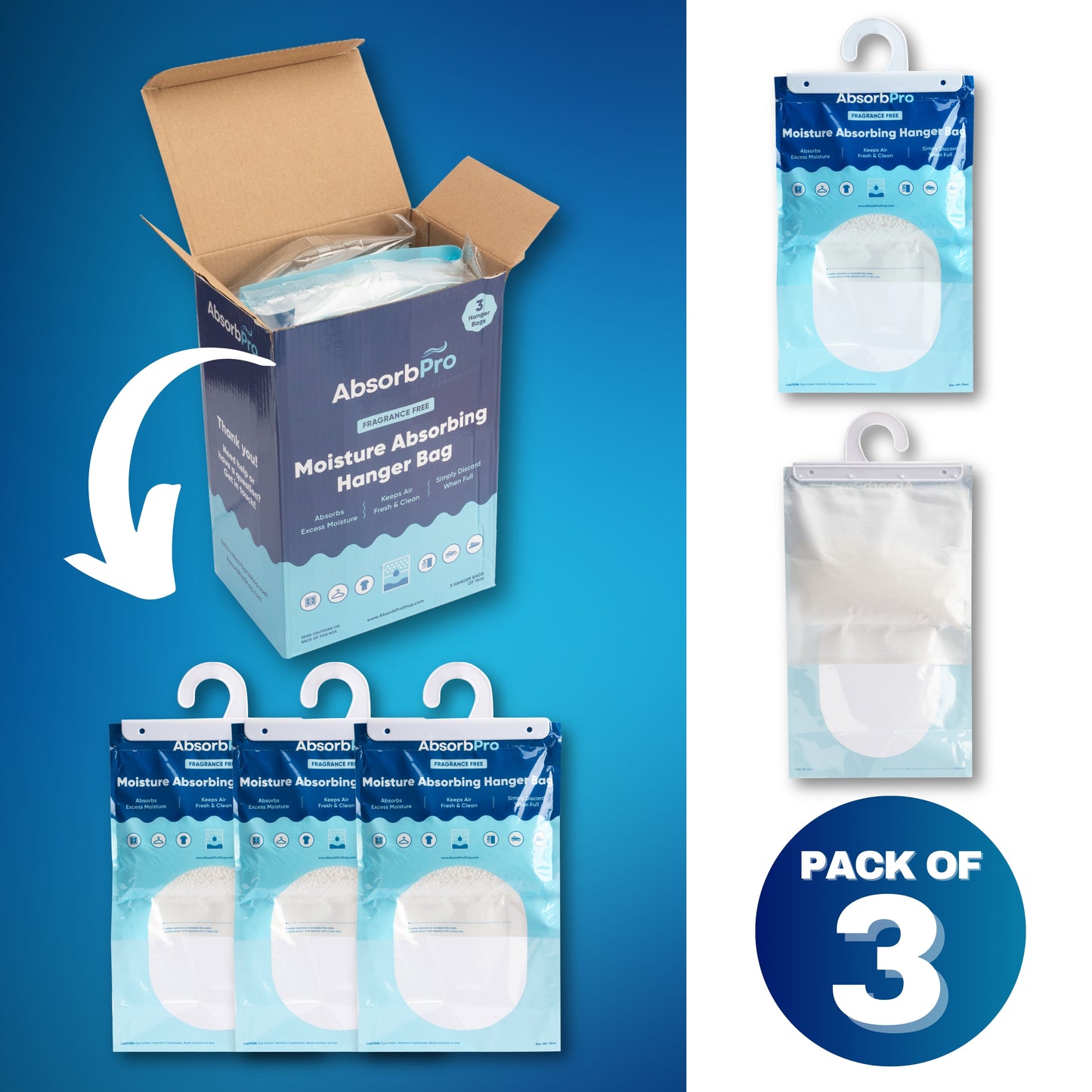 Absorb Pro - 16 oz Moisture Absorbing Hanger Bag Fragrance Free 3-Pack