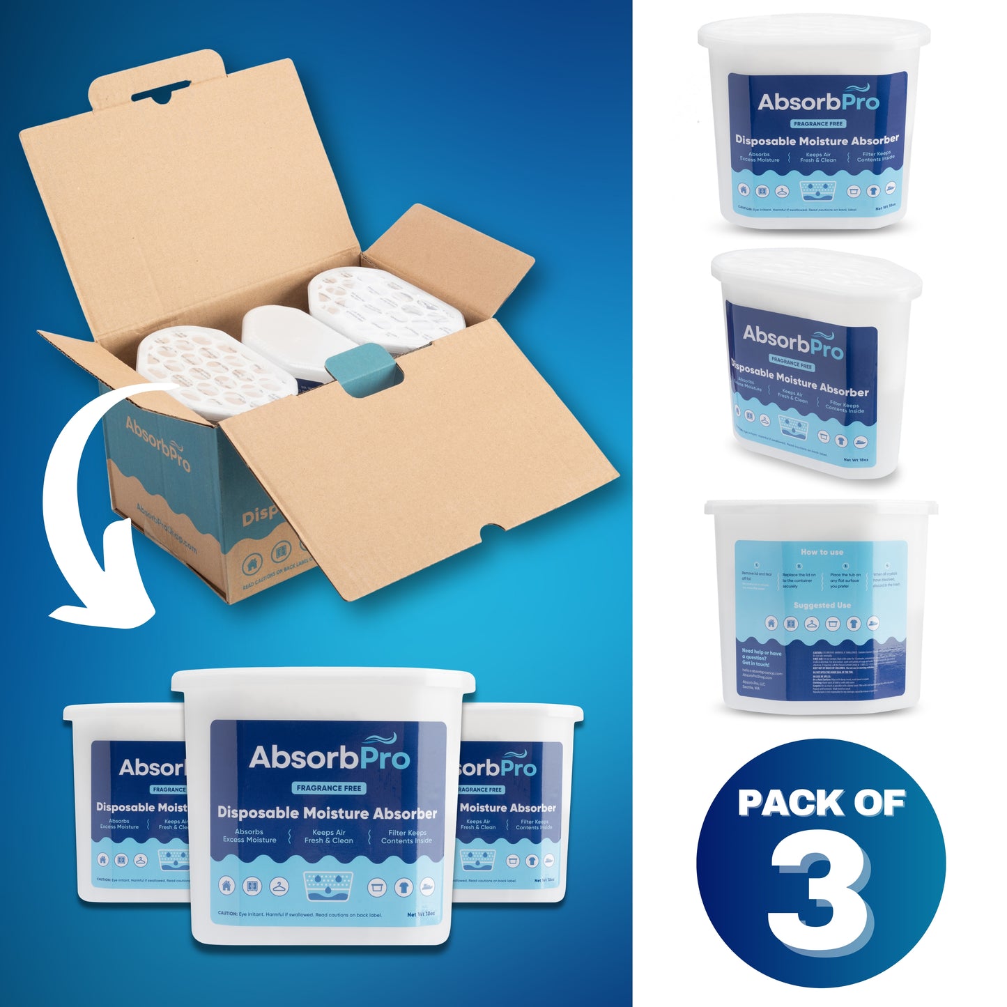 Absorb Pro - 18 oz Moisture Absorber Tub Fragrance Free 3-Pack
