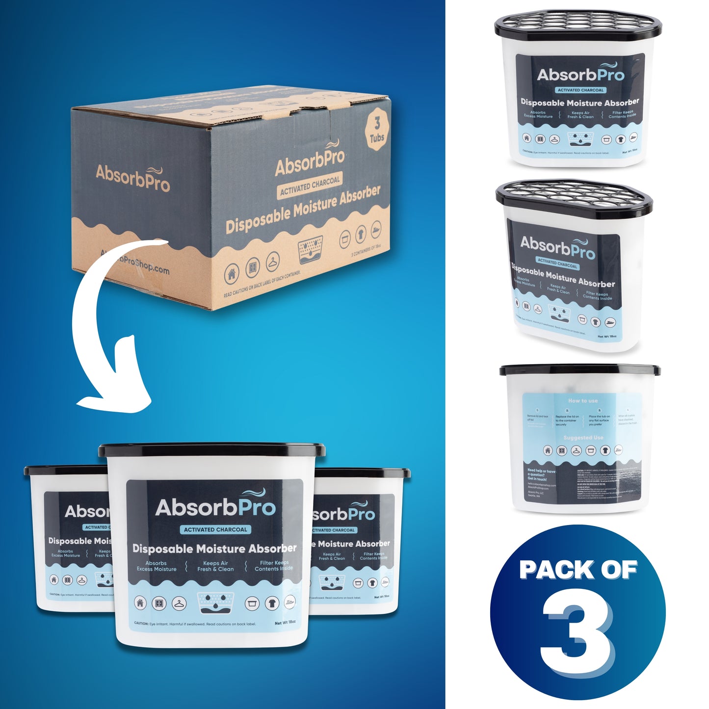 Absorb Pro - 18 oz Moisture Absorber Tub with Activated Charcoal 3-Pack
