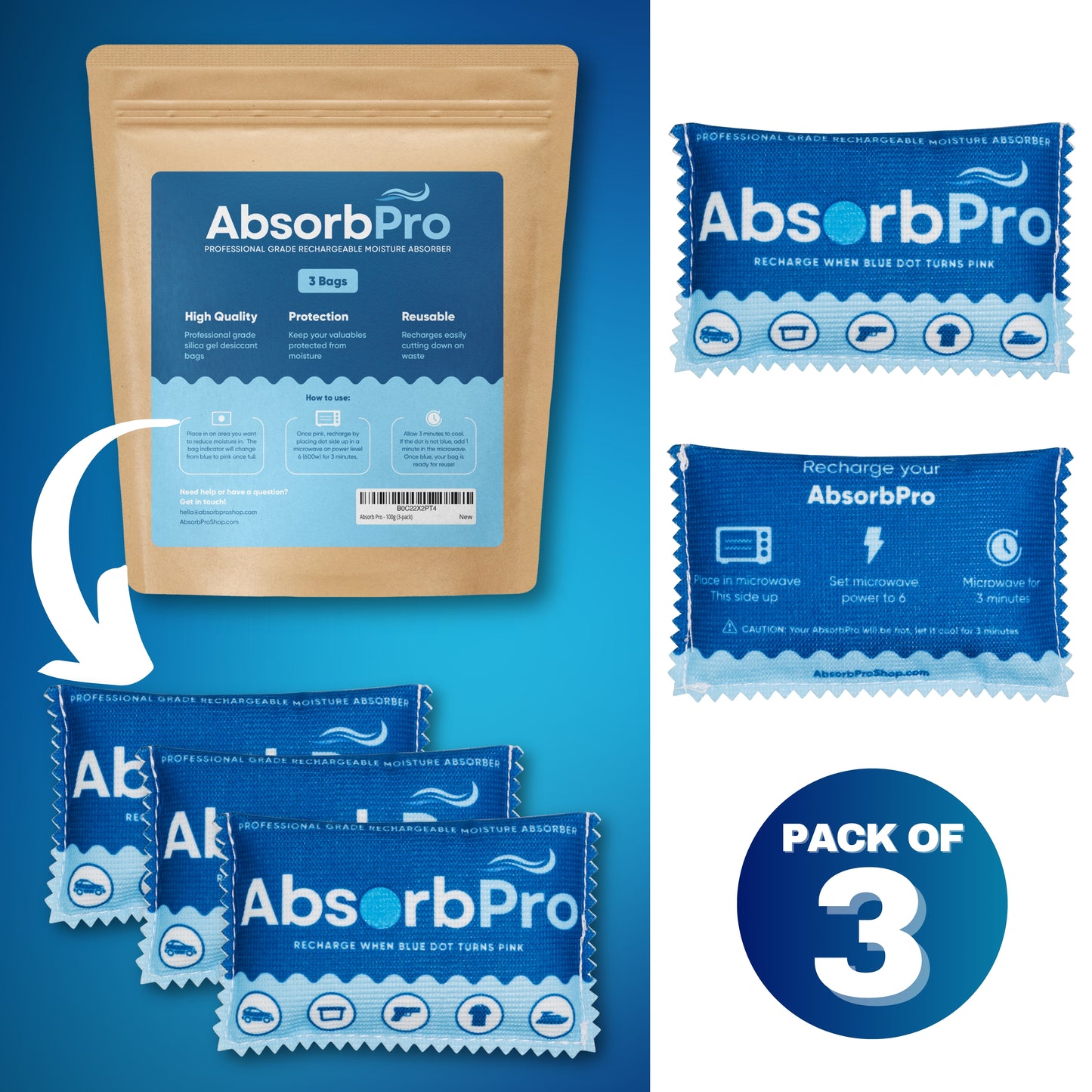 Absorb Pro - 100g Rechargeable Dehumidifier Bag 3-Pack