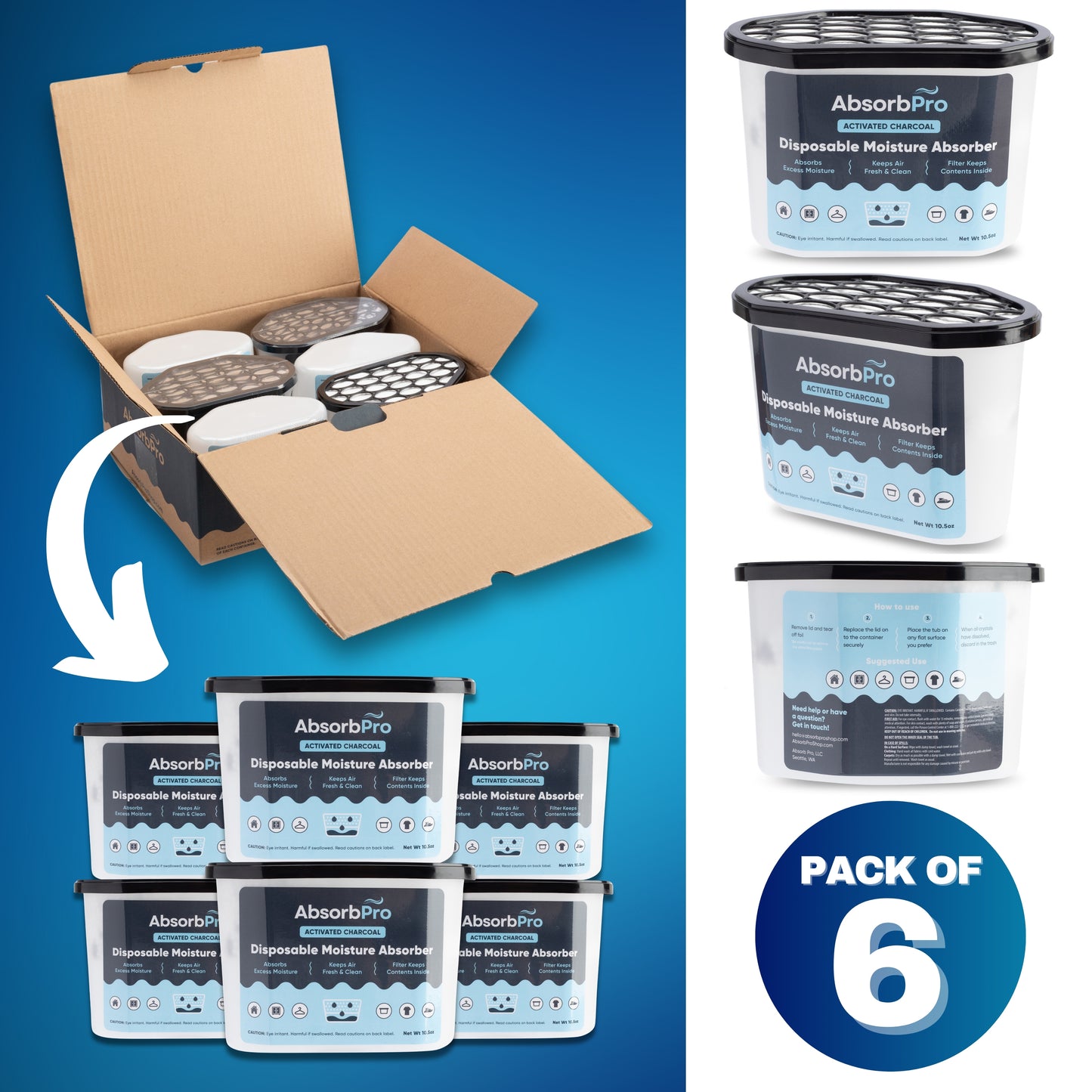 Absorb Pro - 10.5 oz Moisture Absorber Tub with Activated Charcoal 6-Pack