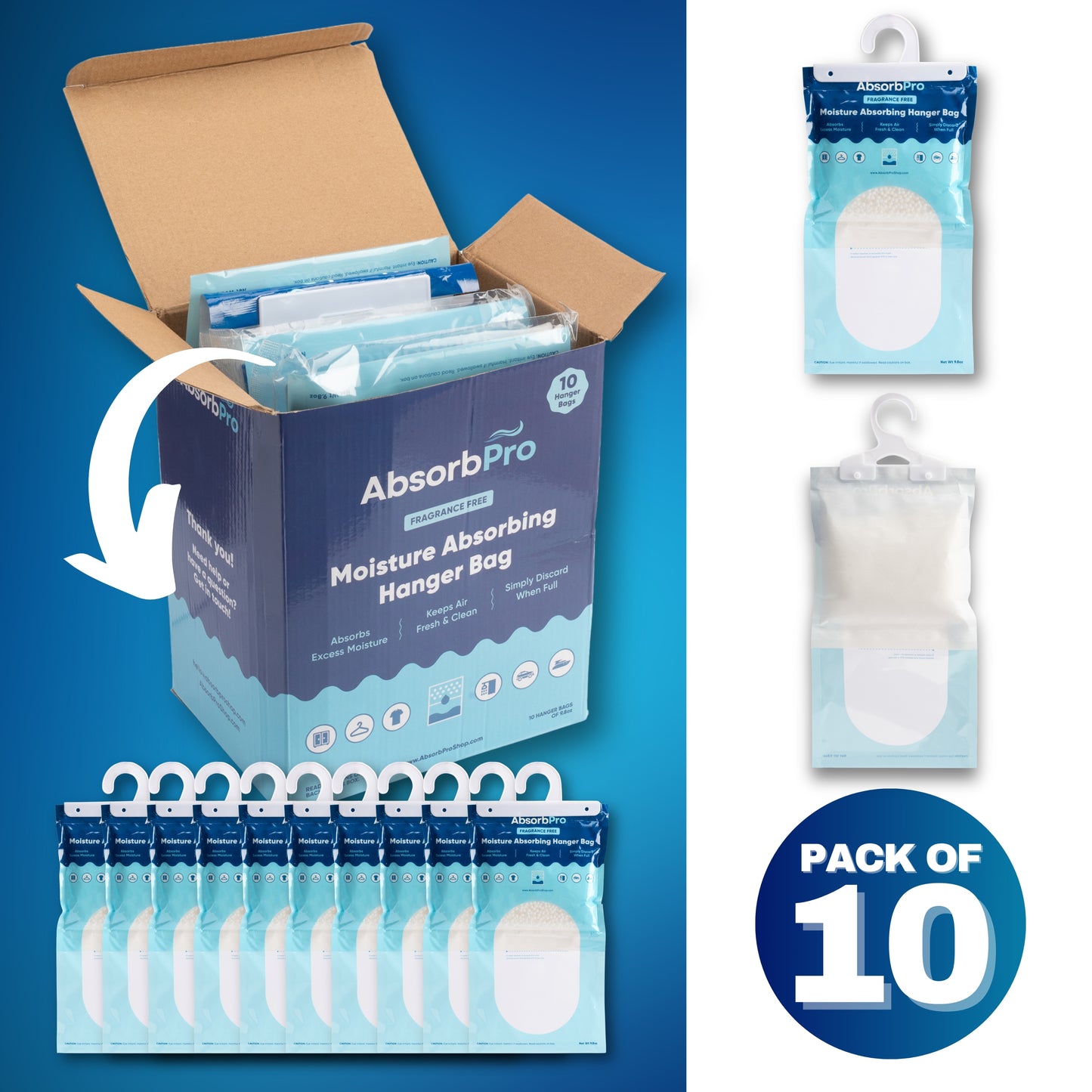 Absorb Pro - 9.8 oz Moisture Absorbing Hanger Bag Fragrance Free 10-Pack