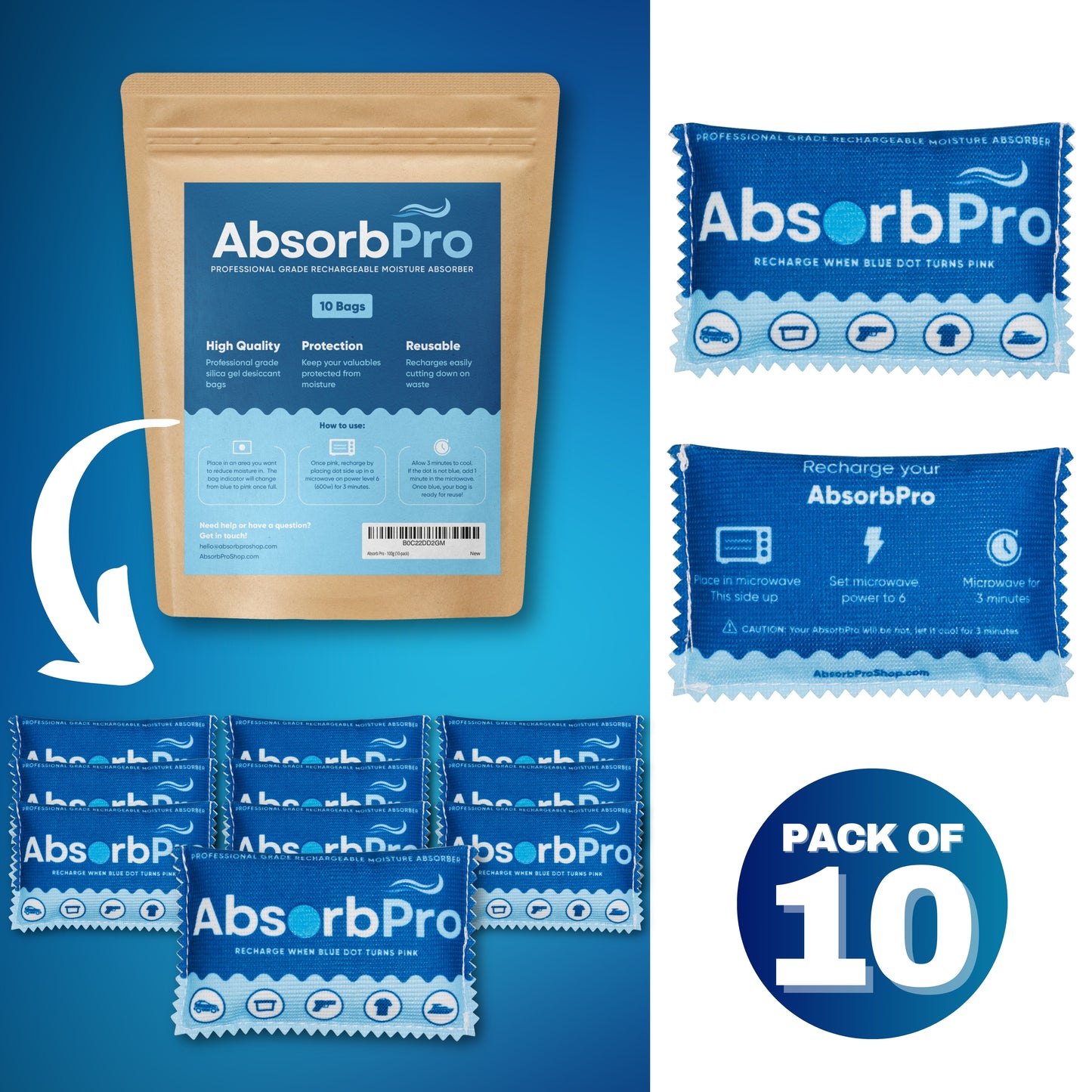 Absorb Pro - 100g Rechargeable Dehumidifier Bag 10-Pack